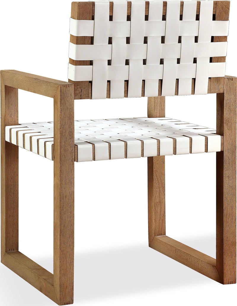 One Woven Leather and Solid Wood Dining Arm Chair in White and Bisque