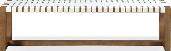 One Woven Leather and Solid Wood Dining Bench in White and Bisque