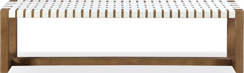 One Woven Leather and Solid Wood Dining Bench in White and Bisque