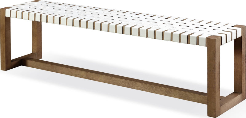 One Woven Leather and Solid Wood Dining Bench in White and Bisque