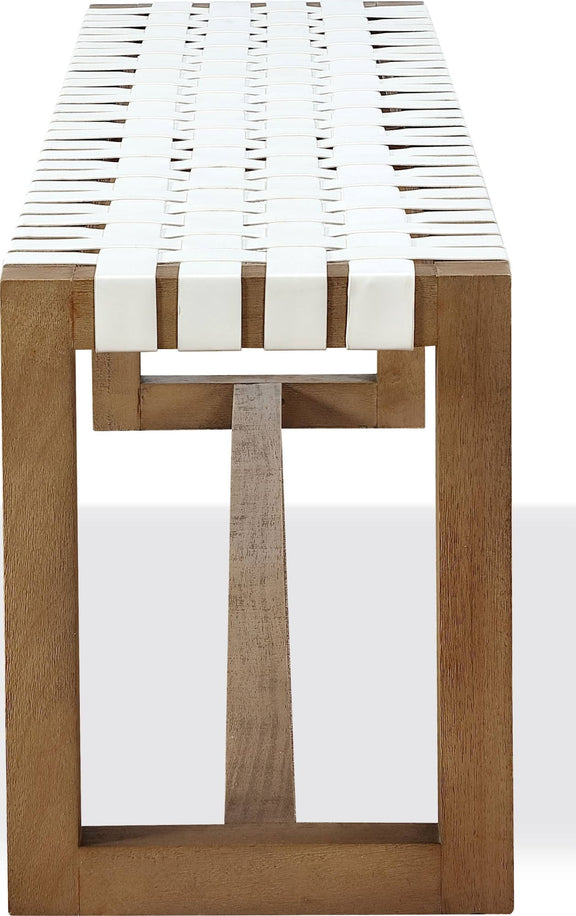 One Woven Leather and Solid Wood Dining Bench in White and Bisque