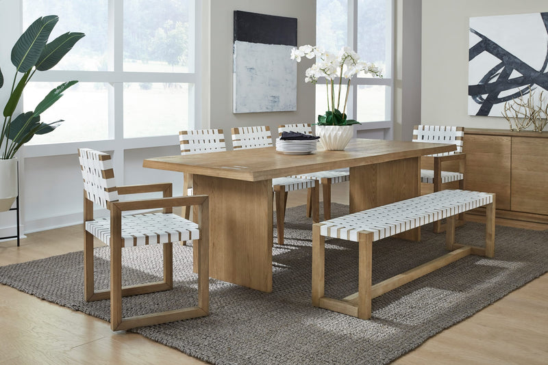 One Woven Leather and Solid Wood Dining Bench in White and Bisque