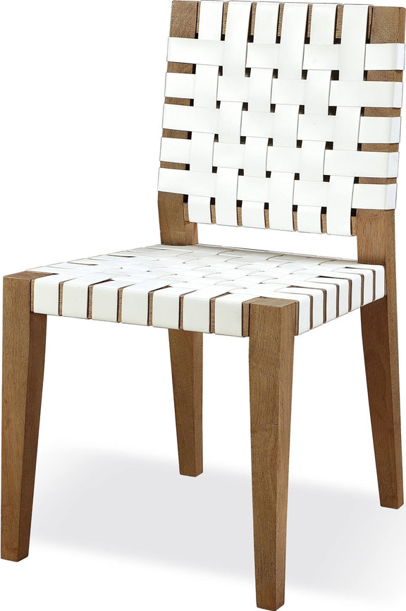 One Woven Leather and Solid Wood Dining Side Chair in White and Bisque