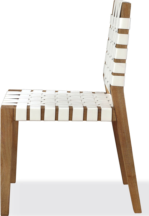 One Woven Leather and Solid Wood Dining Side Chair in White and Bisque
