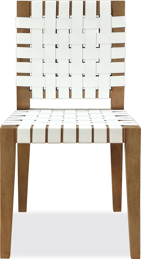 One Woven Leather and Solid Wood Dining Side Chair in White and Bisque