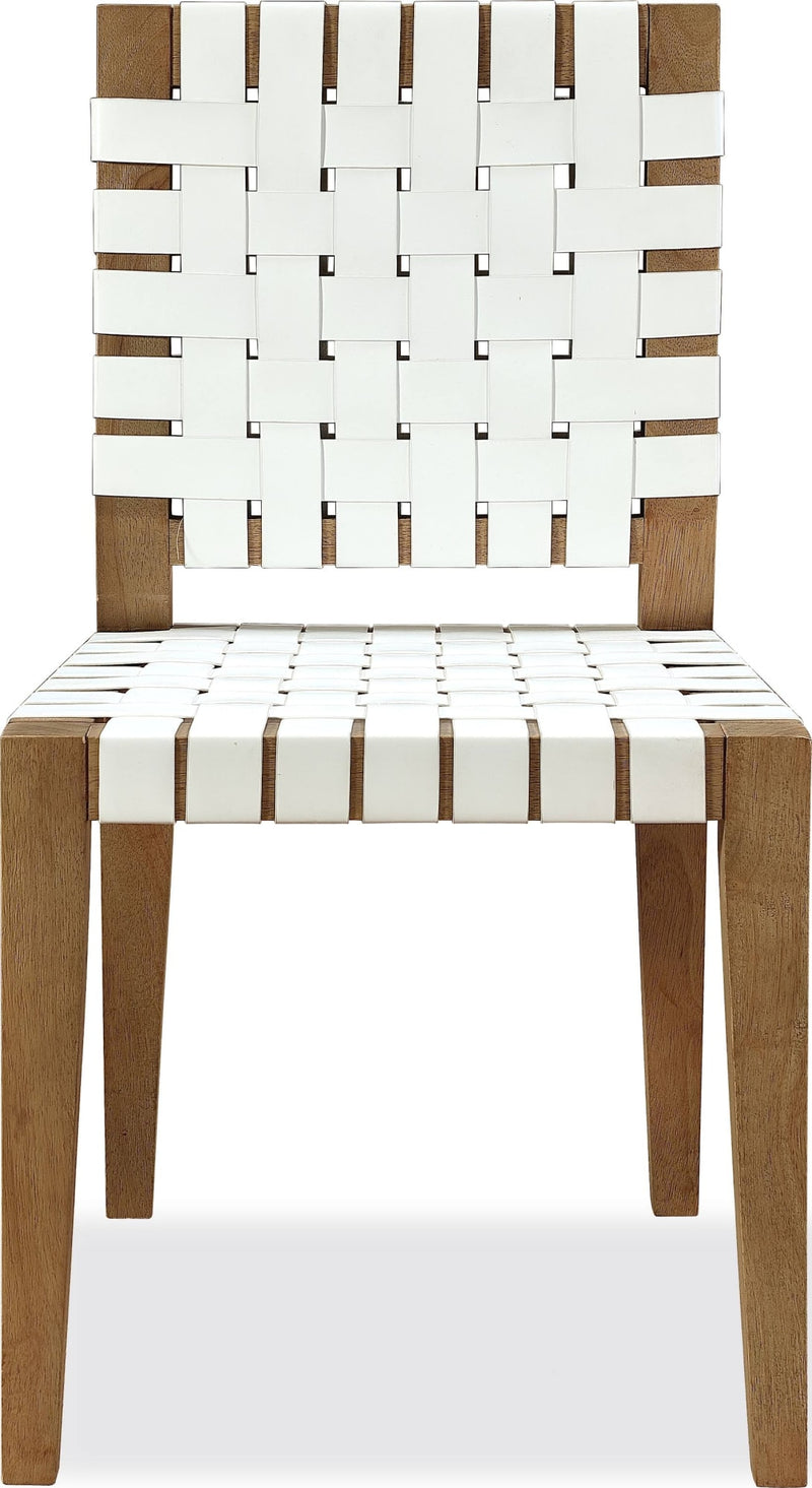 One Woven Leather and Solid Wood Dining Side Chair in White and Bisque