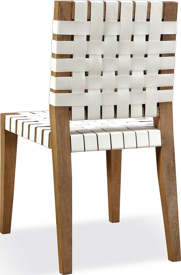 One Woven Leather and Solid Wood Dining Side Chair in White and Bisque