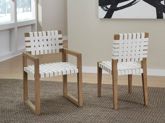 One Woven Leather and Solid Wood Dining Side Chair in White and Bisque