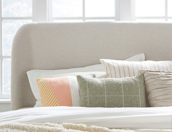 Penny Queen-size Linen Upholstered Platform Bed in Buff Cream Oak