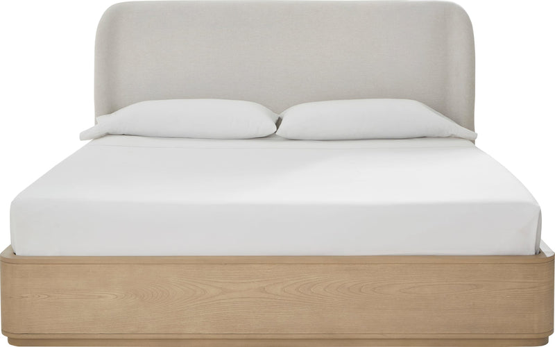 Penny Queen-size Linen Upholstered Platform Bed in Buff Cream Oak