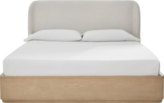 Penny King-size Linen Upholstered Platform Bed in Buff Cream Oak