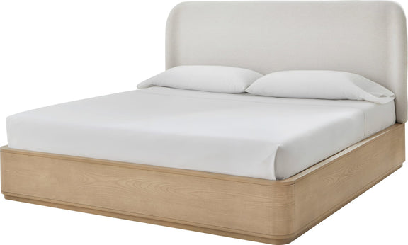 Penny Full-size Linen Upholstered Platform Bed in Buff Cream Oak