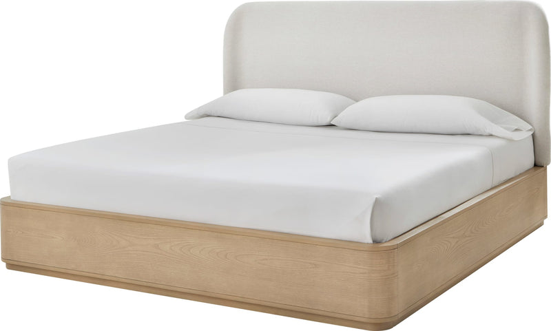 Penny Full-size Linen Upholstered Platform Bed in Buff Cream Oak