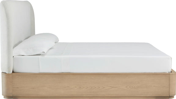 Penny Queen-size Linen Upholstered Platform Bed in Buff Cream Oak