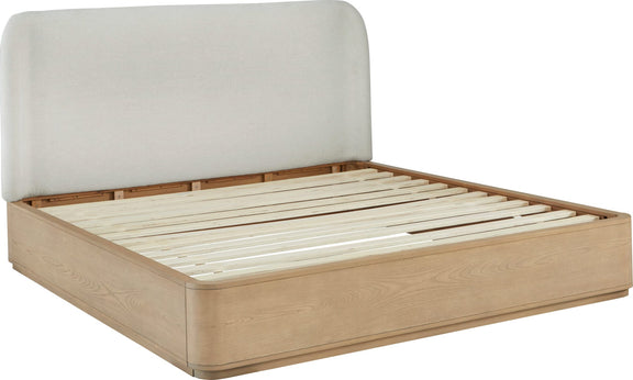 Penny King-size Linen Upholstered Platform Bed in Buff Cream Oak