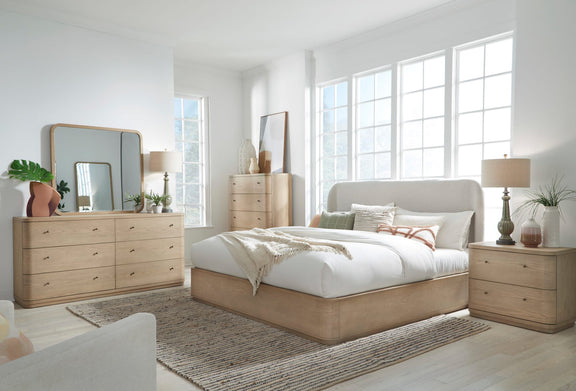 Penny California King-size Linen Upholstered Platform Bed in Buff Cream Oak