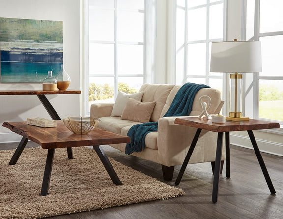 Reese Live Edge Solid Wood Metal Leg Coffee Table in Natural Acacia