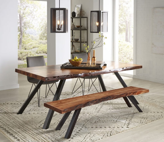 Reese Live Edge Solid Wood Metal Leg Dining Bench in Natural Acacia