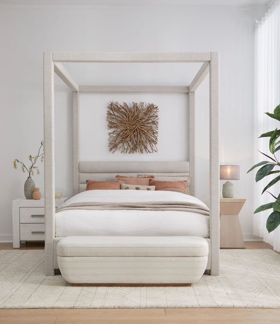 Rockford Full-size Upholstered Canopy Bed in Turtle Dove Linen (2026)