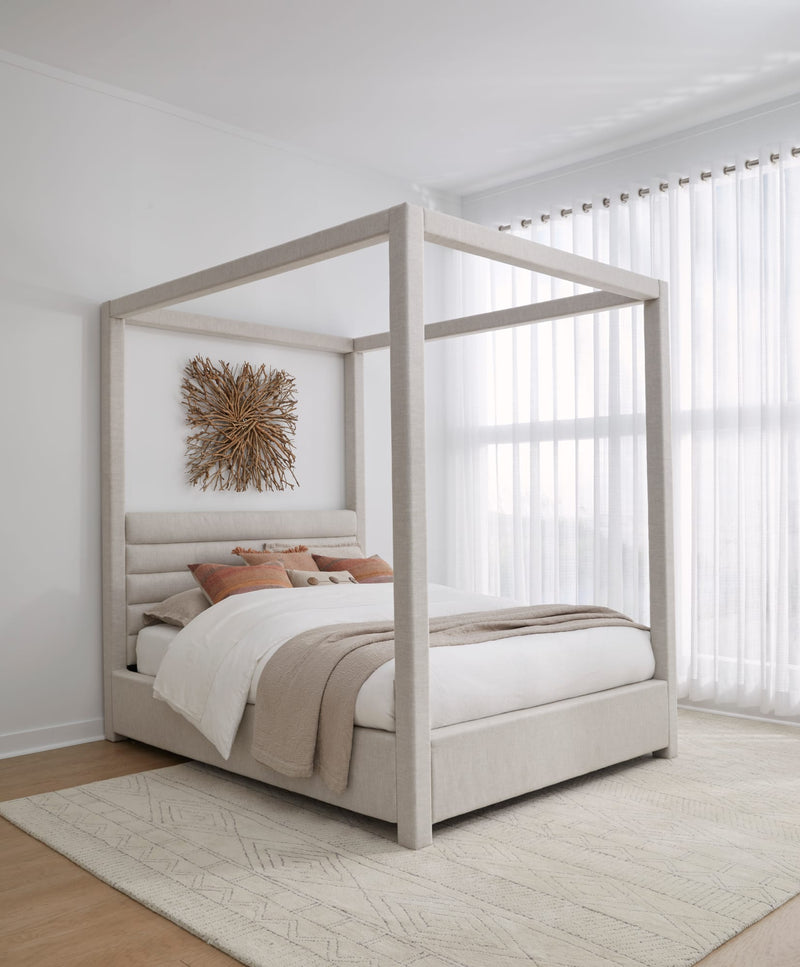Rockford California King-size Upholstered Canopy Bed in Turtle Dove Linen (2026)
