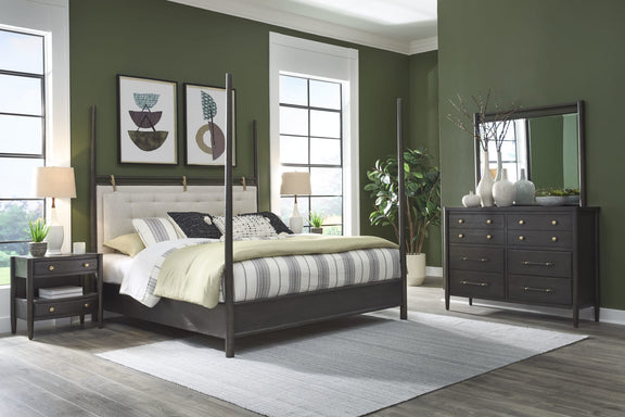 Rockport Upholstered Full-size Poster Bed in Yin and Turtle Dove Linen