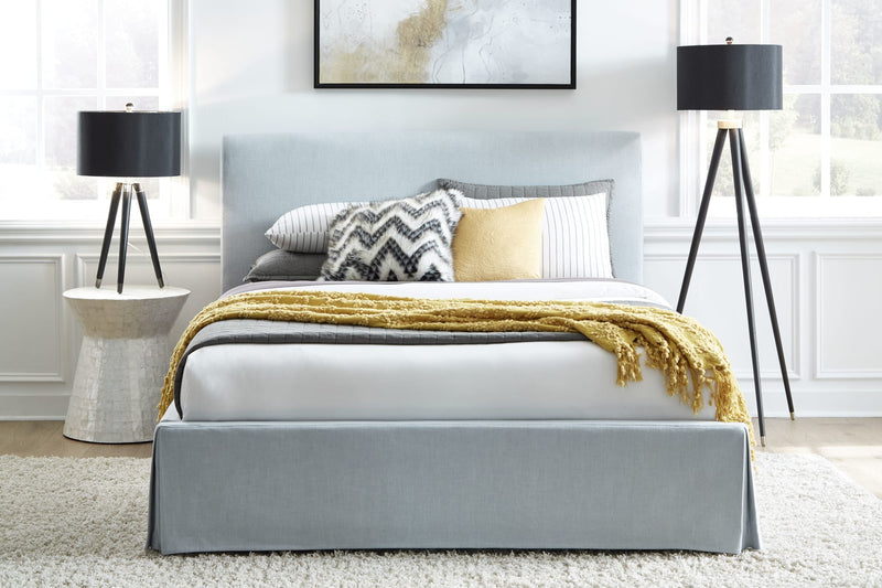 Shelby California-King Size Upholstered Skirted Storage Panel Bed in Sky