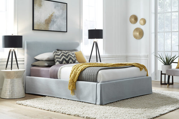 Shelby California-King Size Upholstered Skirted Storage Panel Bed in Sky