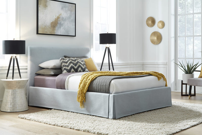 Shelby California-King Size Upholstered Skirted Storage Panel Bed in Sky