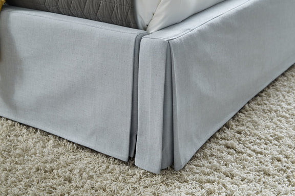 Shelby California-King Size Upholstered Skirted Storage Panel Bed in Sky