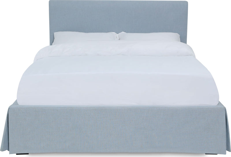 Shelby California-King Size Upholstered Skirted Storage Panel Bed in Sky