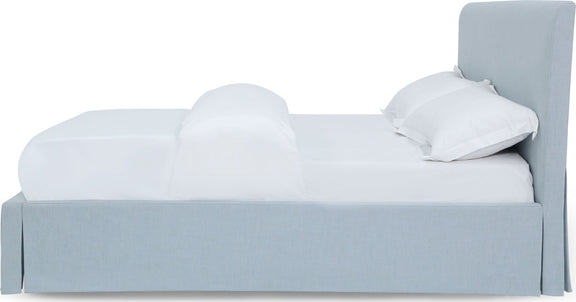 Shelby California-King Size Upholstered Skirted Storage Panel Bed in Sky