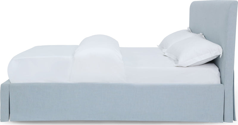 Shelby California-King Size Upholstered Skirted Storage Panel Bed in Sky