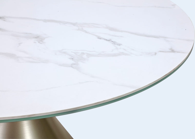 Winston Stone Top Metal Base Round Dining Table in Oat Milk and Champagne