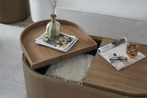 Yeal Leather Upholstered Storage Coffee Table with Wooden Tray Top and Casters