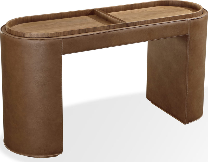 Yeal Leather Upholstered Storage Console Table with Wooden Tray Top
