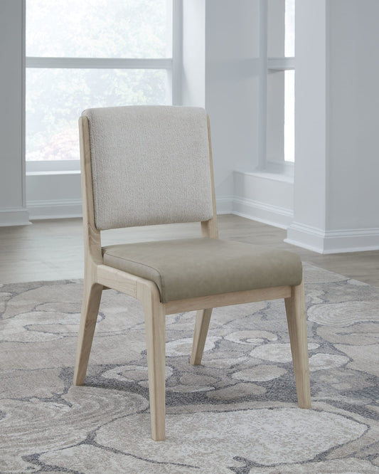 Zinnia Upholstered Dining Chair in White Sand, Buttermilk Leather and Dune Chenille