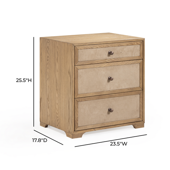 Laurentis 23.5" Light Taupe Suede and Wood 3-Drawer Nightstand