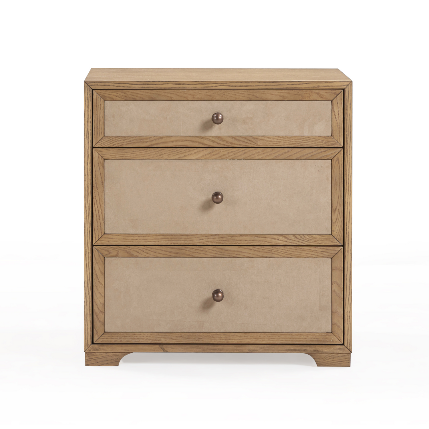 Laurentis 23.5" Light Taupe Suede and Wood 3-Drawer Nightstand