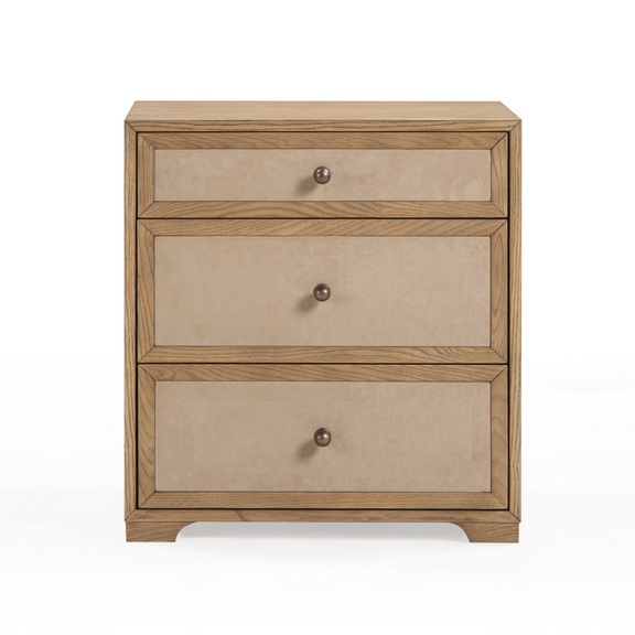Laurentis 23.5" Light Taupe Suede and Wood 3-Drawer Nightstand