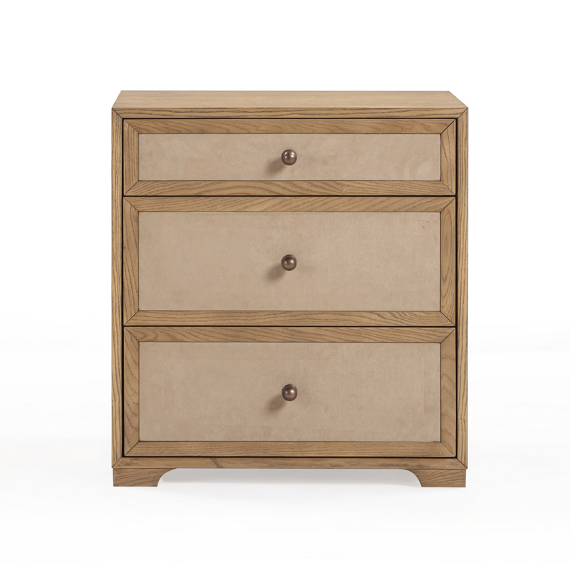 Laurentis 23.5" Light Taupe Suede and Wood 3-Drawer Nightstand