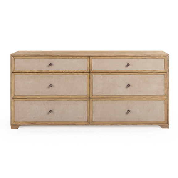 Laurentis 64" Light Taupe Suede and Wood 6-Drawer Dresser