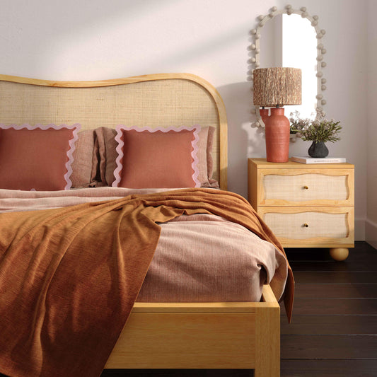 Grappa Natural Wood & Raffia Wavy Nightstand