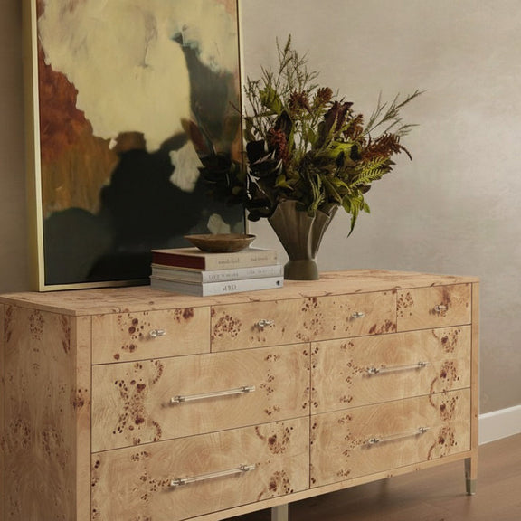 Brandyss 62" Burl 7-Drawer Dresser - Honey