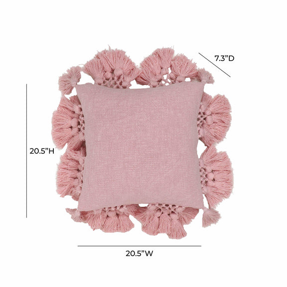 Stone 21" Washed Cotton Tasseled Square Throw Pillow Cover - Pink / With Insert