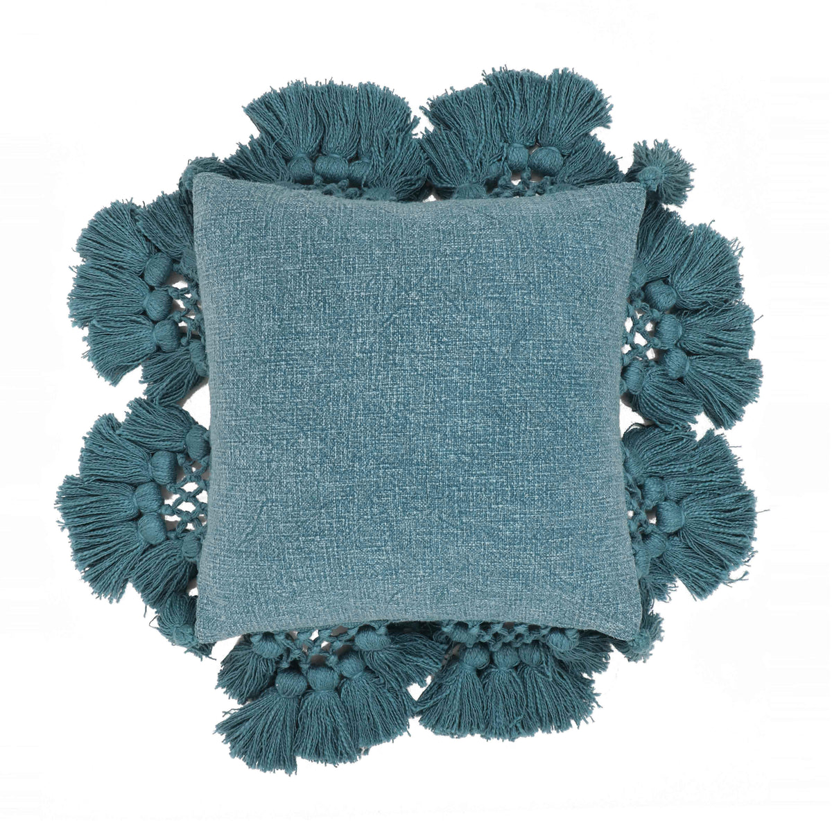 Stone 21" Washed Cotton Tasseled Square Throw Pillow Cover - Blue / With Insert
