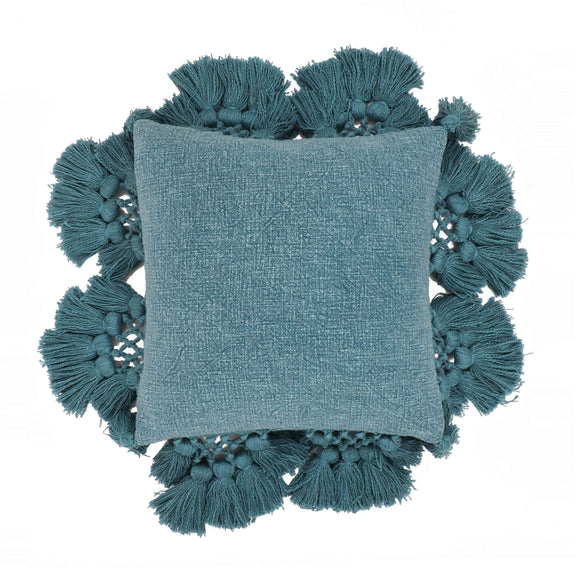 Stone 21" Washed Cotton Tasseled Square Throw Pillow Cover - Blue / Pillow Cover Only