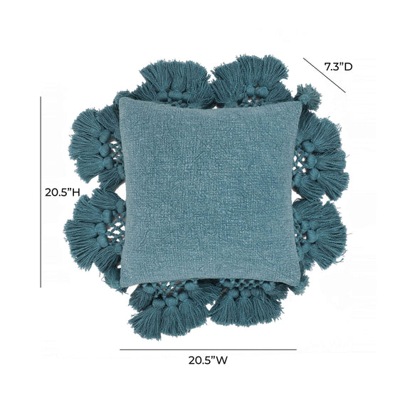 Stone 21" Washed Cotton Tasseled Square Throw Pillow Cover - Blue / With Insert