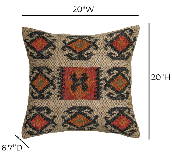 Terra 20"  Square Wool and Jute Kilim Throw Pillow - Clay / With Insert
