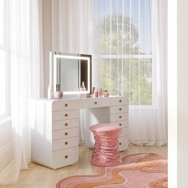 Hollywood 56" White Desk with LED Panel Vanity Mirror - Small