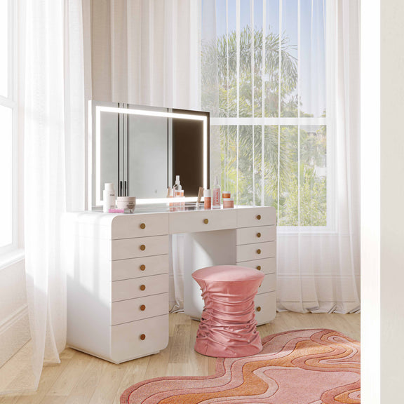 Hollywood 56" White Desk with LED Panel Vanity Mirror - Large
